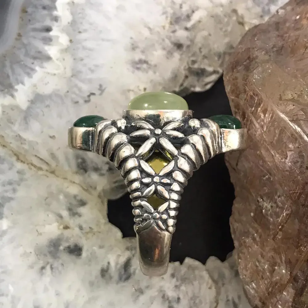 Carolyn Pollack Sterling Oval Moonstone Doublet w/2 Malachite Ring Size 8.5